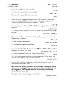 ADVANCED LEVEL WJCL Certamen Preliminary Round 1 2019-2020