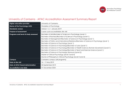 University of Canberra - APAC Accreditation Assessment Summary Report