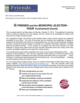 FRIENDS and the MUNICIPAL ELECTION - YOUR Involvement Counts