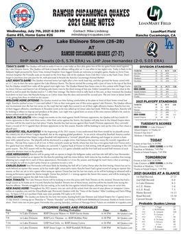 Rancho Cucamonga Quakes 2021 Game Notes