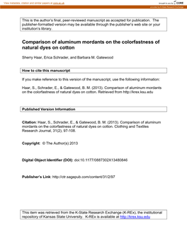 Comparison of Aluminum Mordants on the Colorfastness of Natural Dyes on Cotton