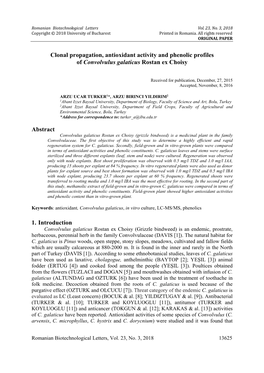 Clonal Propagation, Antioxidant Activity and Phenolic Profiles of Convolvulus Galaticus Rostan Ex Choisy