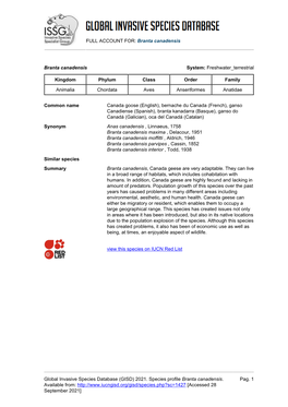 FULL ACCOUNT FOR: Branta Canadensis Global Invasive Species Database (GISD) 2021. Species Profile Branta Canadensis. Available F