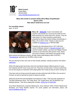 Mesa Arts Center to Present 2CELLOS at Mesa Amphitheater April 9, 2016 New Album Celloverse out Now