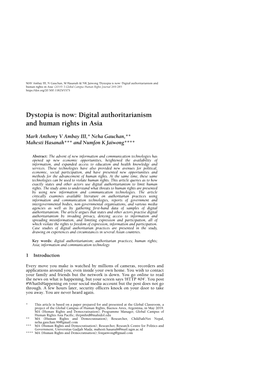 Digital Authoritarianism and Human Rights in Asia’ (2019) 3 Global Campus Human Rights Journal 269-285