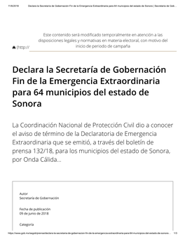 Declara La Secretaría De Gobernación Fin De La Emergencia Extraordinaria Para 64 Municipios Del Estado De Sonora | Secretaría De Gob…