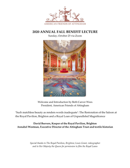 2020 ANNUAL FALL BENEFIT LECTURE Sunday, October 25 Via Zoom