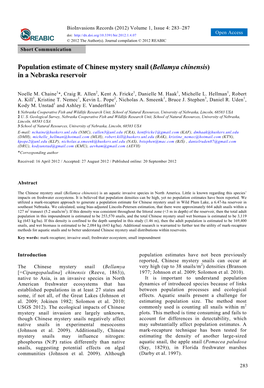 Population Estimate of Chinese Mystery Snail (Bellamya Chinensis) in a Nebraska Reservoir