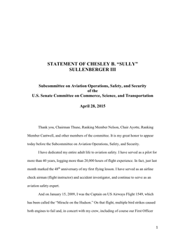 Statement of Chesley B. “Sully” Sullenberger Iii