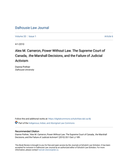 Alex M. Cameron, Power Without Law. the Supreme Court of Canada, .The Marshall Decisions, and the Failure of Judicial Activism