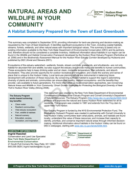 NATURAL AREAS and WILDLIFE in YOUR COMMUNITY a Habitat Summary Prepared for the Town of East Greenbush