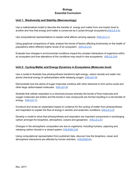 Biology Essential Curriculum Unit 1: Biodiversity and Stability