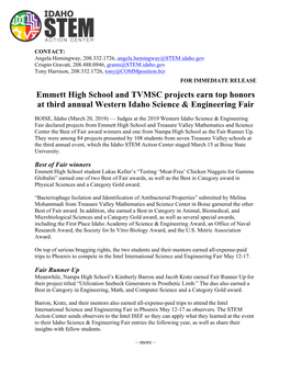 Emmett High School and TVMSC Projects Earn Top Honors at Third Annual Western Idaho Science & Engineering Fair