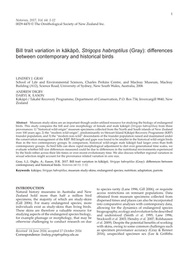 Bill Trait Variation in Kākāpō, Strigops Habroptilus (Gray): Differences Between Contemporary and Historical Birds