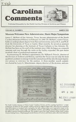 Carolina Comments Published Bimonthly by the North Carolina Division of Archives and History
