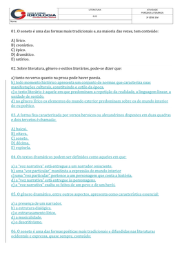 01. O Soneto É Uma Das Formas Mais Tradicionais E, Na Maioria Das Vezes, Tem Conteúdo