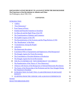 SOCIALISM CANNOT BE BUILT in ALLIANCE with the BOURGEOISIE the Experience of the Revolutions in Albania and China Jim Washington, About 1980, USA