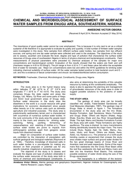 Chemical and Microbiological Assessment of Surface Water Samples from Enugu Area, Southeastern, Nigeria