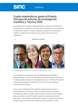 Cuatro Matemáticos Ganan El Premio Princesa De Asturias De Investigación Científica Y Técnica 2020