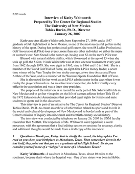 Interview of Kathy Whitworth Prepared by the Center for Regional Studies the University of New Mexico Tobías Durán, Ph.D., Director January 26, 2007