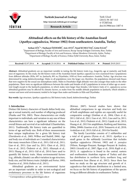 Altitudinal Effects on the Life History of the Anatolian Lizard (Apathya Cappadocica, Werner 1902) from Southeastern Anatolia, Turkey