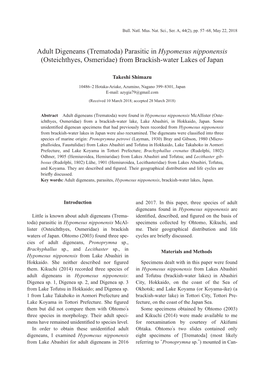 Adult Digeneans (Trematoda) Parasitic in Hypomesus Nipponensis (Osteichthyes, Osmeridae) from Brackish-Water Lakes of Japan