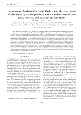 Performance Analysis of a Diesel Cycle Under the Restriction of Maximum Cycle Temperature with Considerations of Heat Loss, Friction, and Variable Speciﬁc Heats S.S