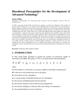 Biocultural Prerequisites for the Development of Advanced Technology 1