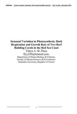 Seasonal Variation in Photosynthesis, Dark Respiration and Growth Rate of Two Reef Building Corals in the Red Sea Coast Yahya A