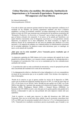 Crítica Marxista a Las Medidas: Devaluación, Sustitución De Importaciones Y La Venezuela Exportadora