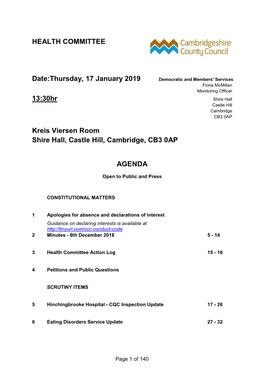 HEALTH COMMITTEE Date:Thursday, 17 January 2019 13:30Hr Kreis Viersen Room Shire Hall, Castle Hill, Cambridge, CB3 0AP AGENDA