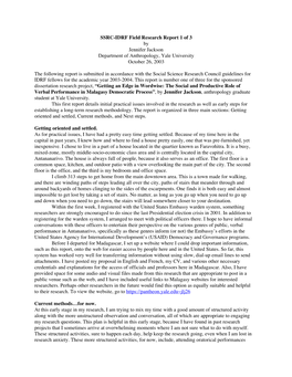 SSRC-IDRF Field Research Report 1 of 3 by Jennifer Jackson Department of Anthropology, Yale University October 26, 2003