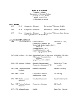 Lynn R. Wilkinson Associate Professor Department of Germanic Studies University of Texas, Austin Austin, Texas 78712 LRW@Austin.Utexas.Edu