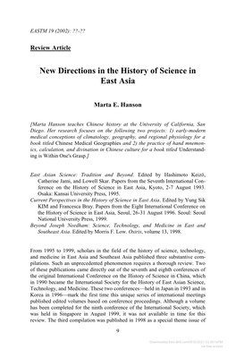 New Directions in the History of Science in East Asia