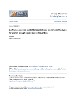 Dextran-Coated Iron Oxide Nanoparticles As Biomimetic Catalysts for Biofilm Disruption and Caries Prevention