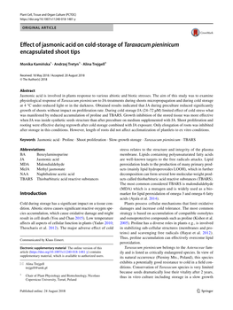 Effect of Jasmonic Acid on Cold-Storage of Taraxacum Pieninicum Encapsulated Shoot Tips