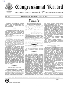 Congressional Record United States Th of America PROCEEDINGS and DEBATES of the 111 CONGRESS, SECOND SESSION