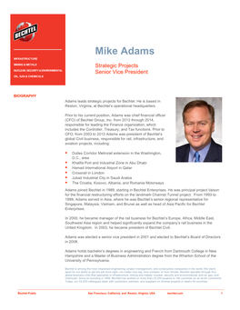 Mike Adams INFRASTRUCTURE MINING & METALS Strategic Projects NUCLEAR, SECURITY & ENVIRONMENTAL Senior Vice President OIL, GAS & CHEMICALS