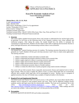 Econ 674: Economic Analysis of Law Course Information and Syllabus Spring 2017