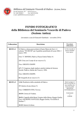 FONDO FOTOGRAFICO Della Biblioteca Del Seminario Vescovile Di Padova (Sezione Antica)