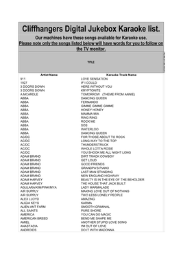 Cliffhangers Digital Jukebox Karaoke List. Our Machines Have These Songs Available for Karaoke Use