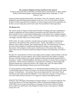 1 the Assault on Religion in China and What to Do About It Testimony Before the House Committee on Foreign Affairs, Subcommittee