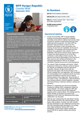 WFP Kyrgyz Republic Country Brief September 2018 in Numbers