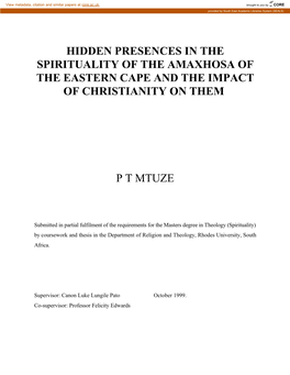 Hidden Presences in the Spirituality of the Amaxhosa of the Eastern Cape and the Impact of Christianity on Them