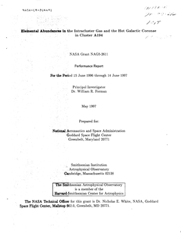 NASA-CR-2044 I Elei Aental Abundances in the Intracluster Gas and the Hot Galactic Coronae in Cluster A194 .-..VJ//-I<- ,I, N