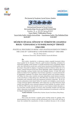 CEM KARACA VE BARIŞ MANÇO” ÖRNEĞİ (1960-1980) POLITICAL DISCOURSE in MUSIC and ANATOLIAN ROCK in TURKEY: the CASE of “CEM KARACA and BARIS MANCO” (1960-1980) Doç