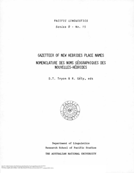 Gazetteer of New Hebrides Place Names/Nomenclature Des Noms Geographiques Des Nouvelles-Hebrides