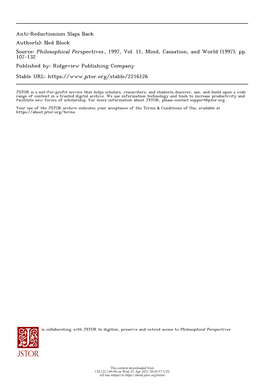 Anti-Reductionism Slaps Back Author(S): Ned Block Source: Philosophical Perspectives , 1997, Vol