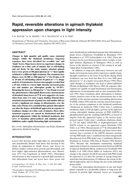 Rapid, Reversible Alterations in Spinach Thylakoid Appression Upon Changes in Light Intensity