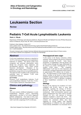 Pediatric T-Cell Acute Lymphoblastic Leukemia Mark A